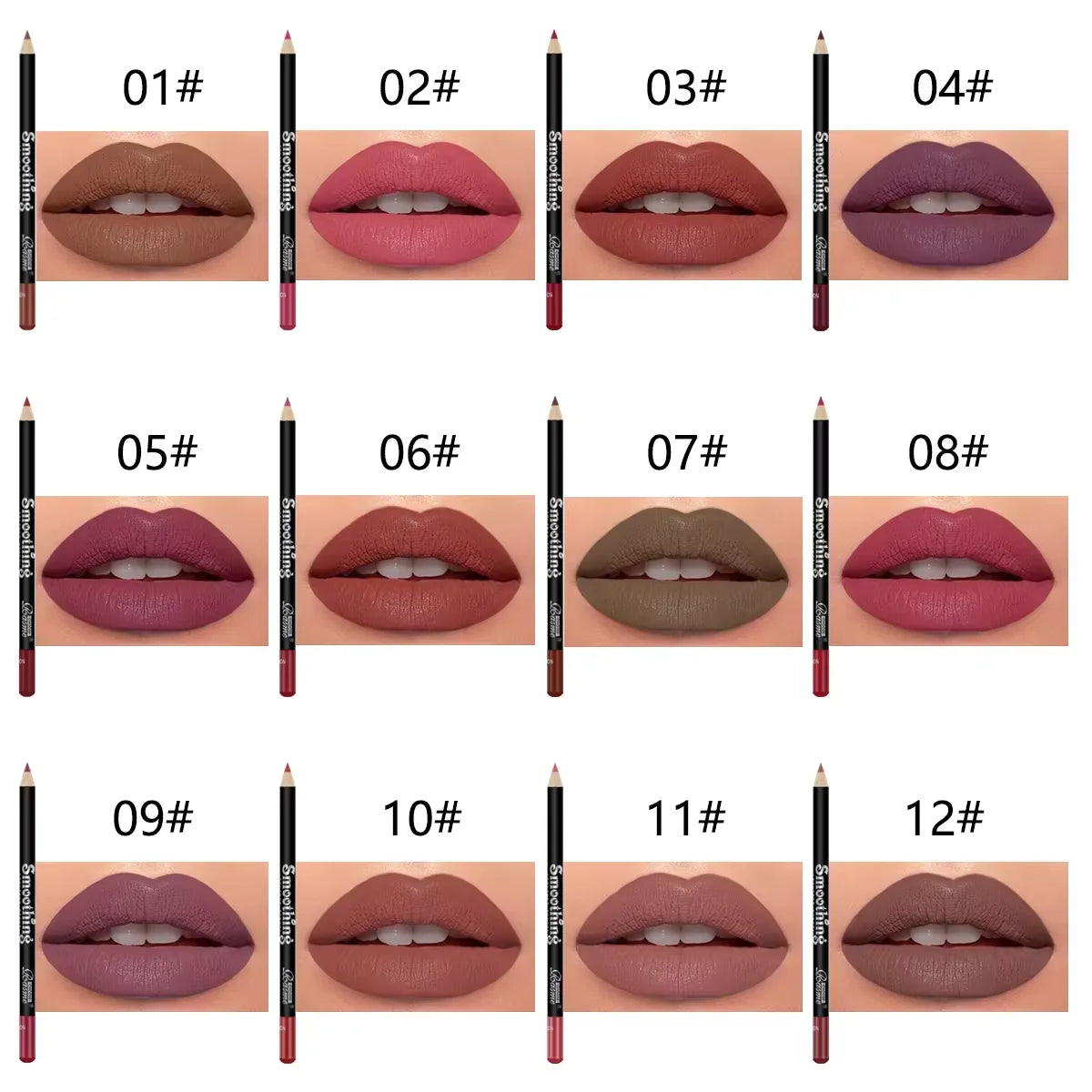 12-piece professional lip liner set with black pencils, showcasing 12 matte, non-stick lip shades on lips.
