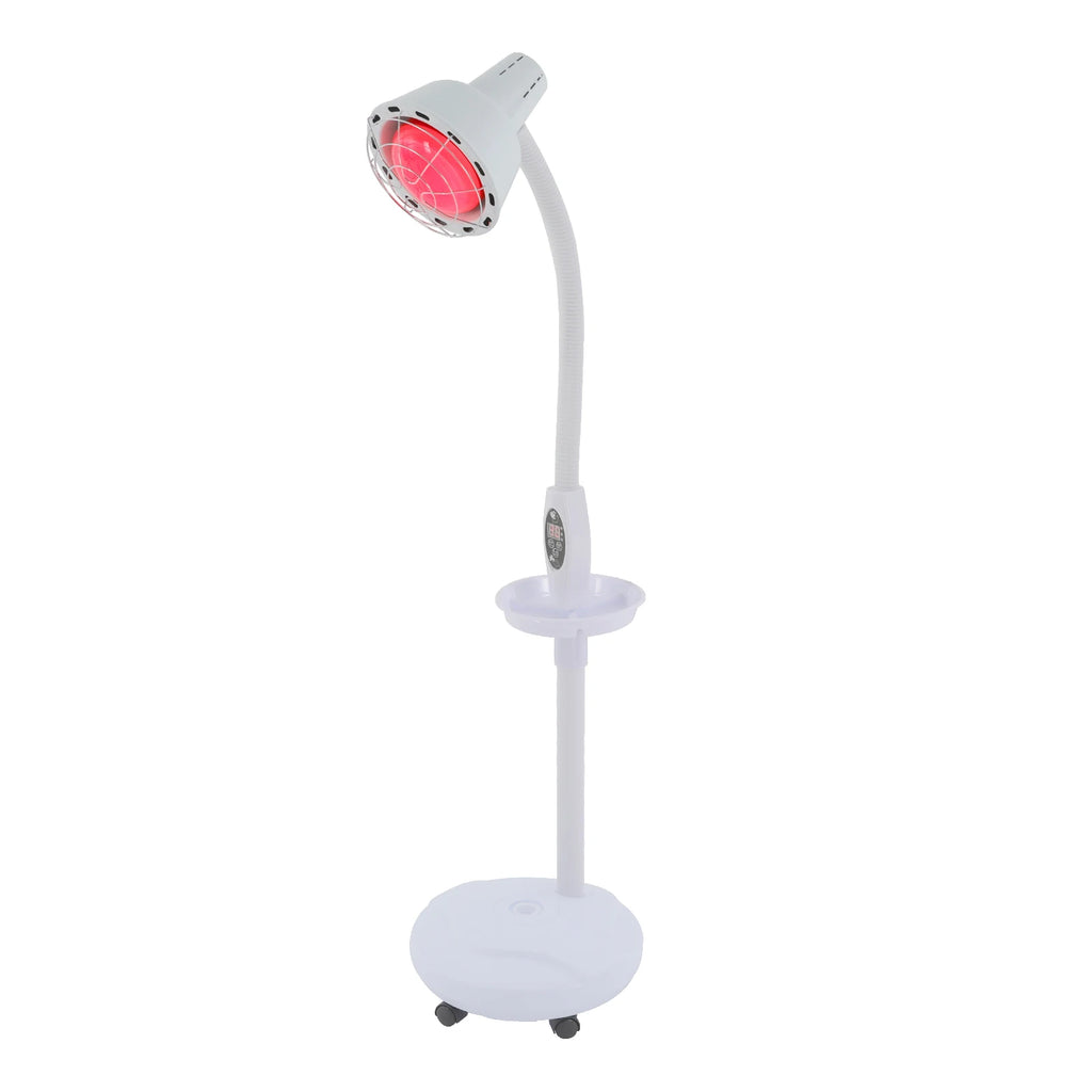 275W infrared heat therapy floor lamp with adjustable stand, timer, red light bulb, and wheels for muscle pain relief.