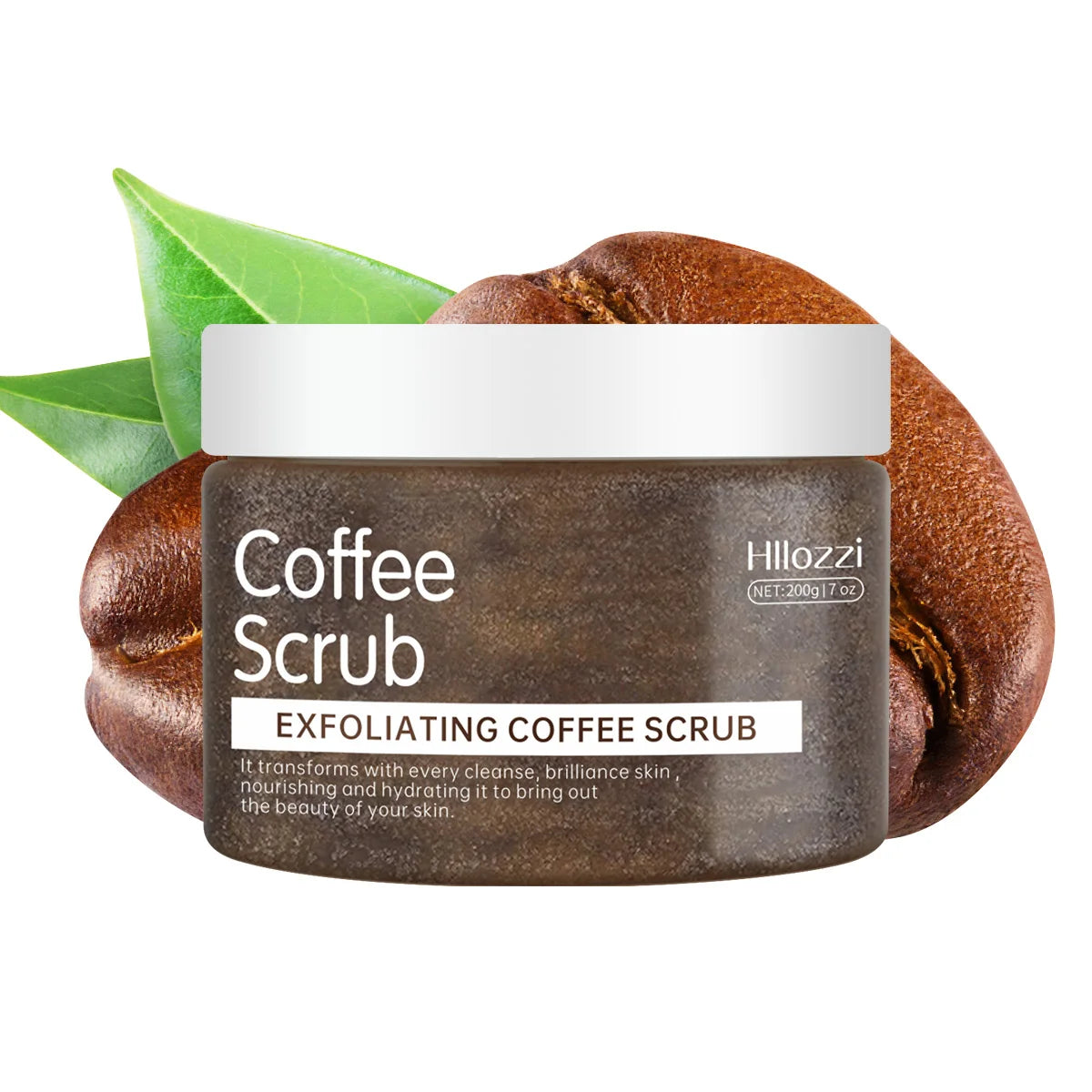 200g jar of exfoliating coffee body scrub with a white lid, set against a background of coffee beans and green leaves.