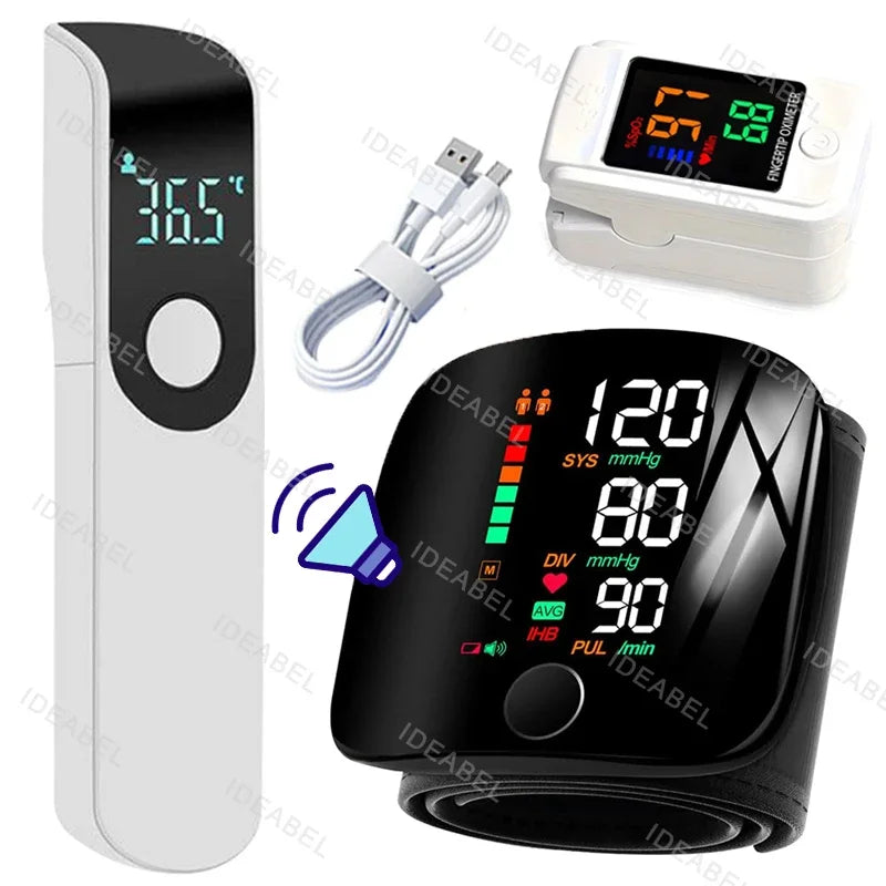 New LED Wrist Blood Pressure Monitor English Voice Broadcast Sphygmomanometer Tonometer BP Monitor Forehead Digital Thermometer