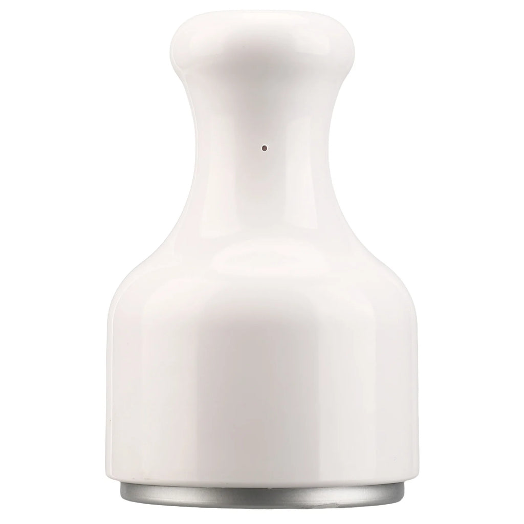White, hourglass-shaped ice facial roller with a flat, circular metallic base, isolated on a white background.