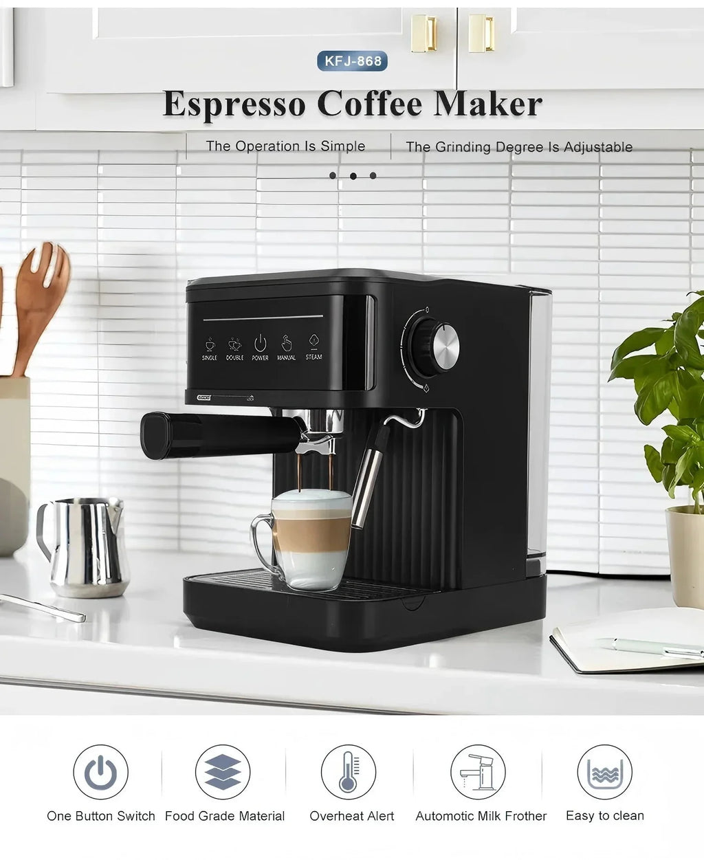 Matte black KFJ-868 espresso machine with touch control panel, milk frother, and coffee cup on a kitchen counter.