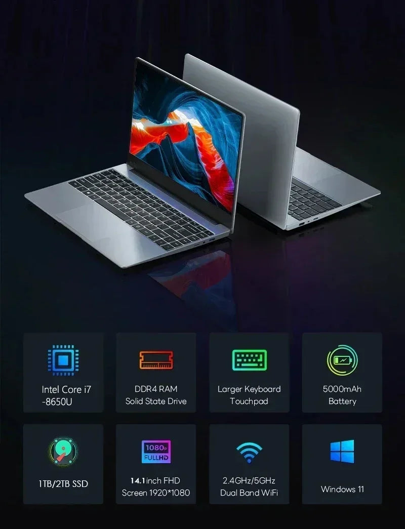 14.1 Inch Ultra Slim Laptop 32GB RAM 2TB SSD Windows 11 Intel Core i7 8650U Gaming PC Gamer Office Notebook 1920x1080 HD Pro