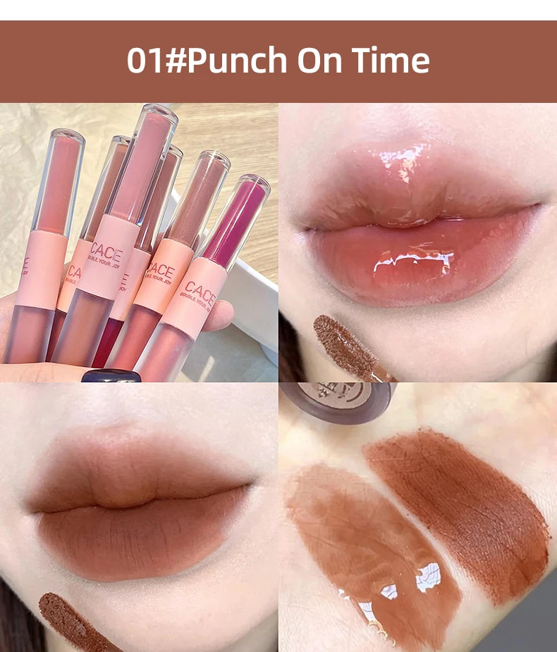CACE double-head lip glaze in Punch On Time: dual-ended matte lip mud and glossy mirror finish in a warm brown shade.