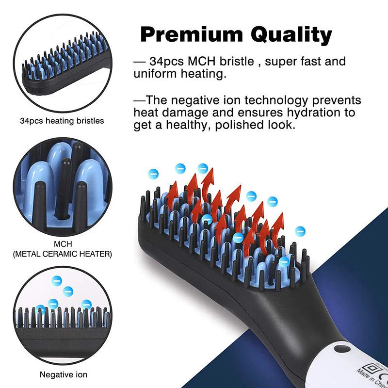 Black men's beard straightener with 34 MCH heating bristles, negative ion technology, and portable professional design.