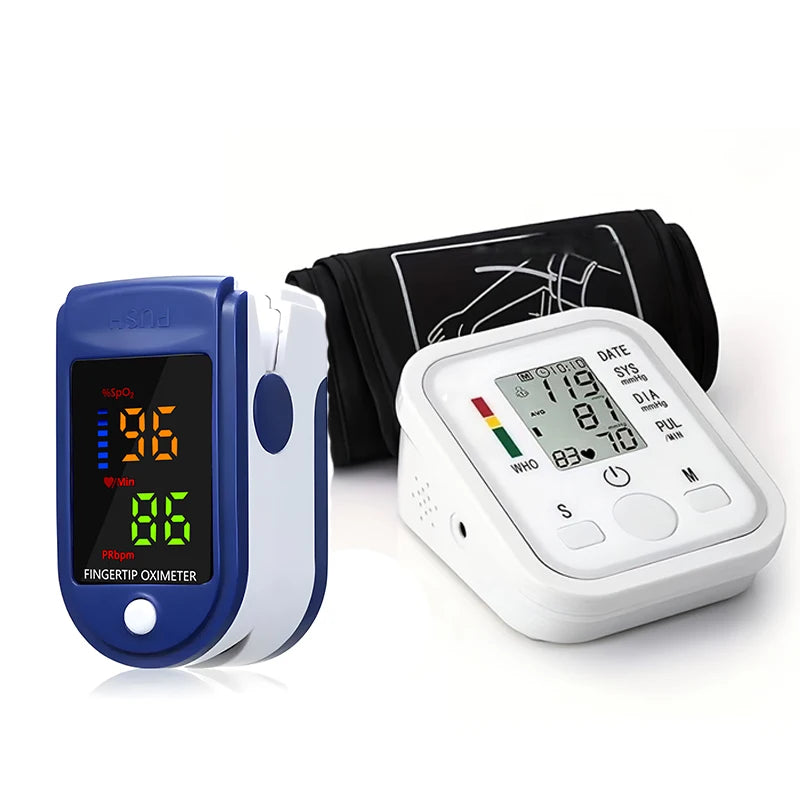 Arm Blood Pressure Monitor Sphygmomanometer Tonometer Tensiometer + Pulse Oximeter Finger Clip Pulse Monitor + Body Thermometers