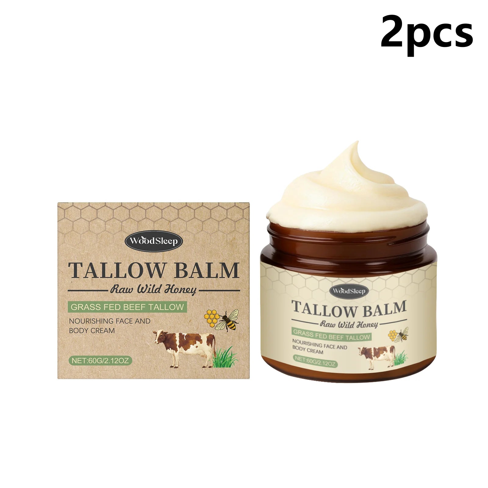 Woodsleep Organic Grass-Fed Beef Tallow Balm with Raw Honey Deep Hydration Face Body Care Smooth Soft Beef Tallow Honey Balm 60g