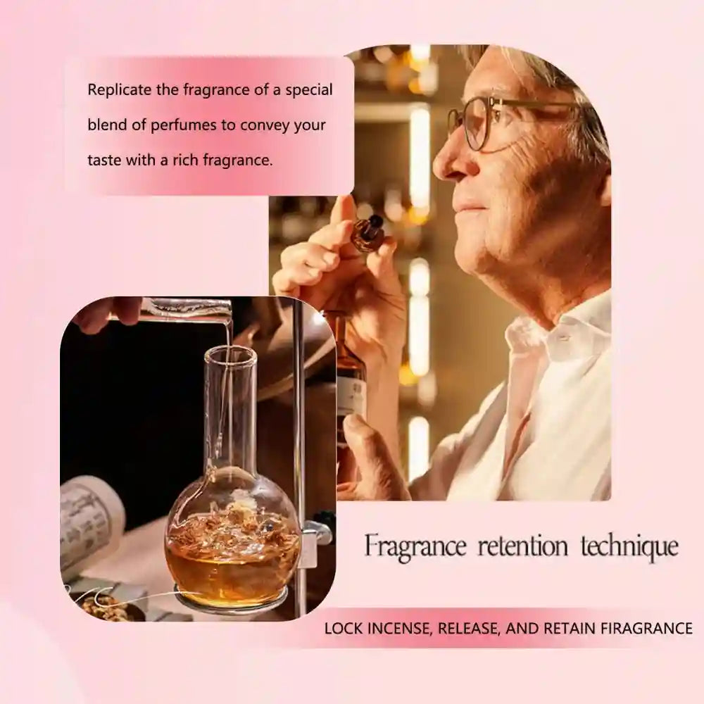 Amber liquid pours into a clear, round-bottomed glass flask to blend scents for fragrance retention.