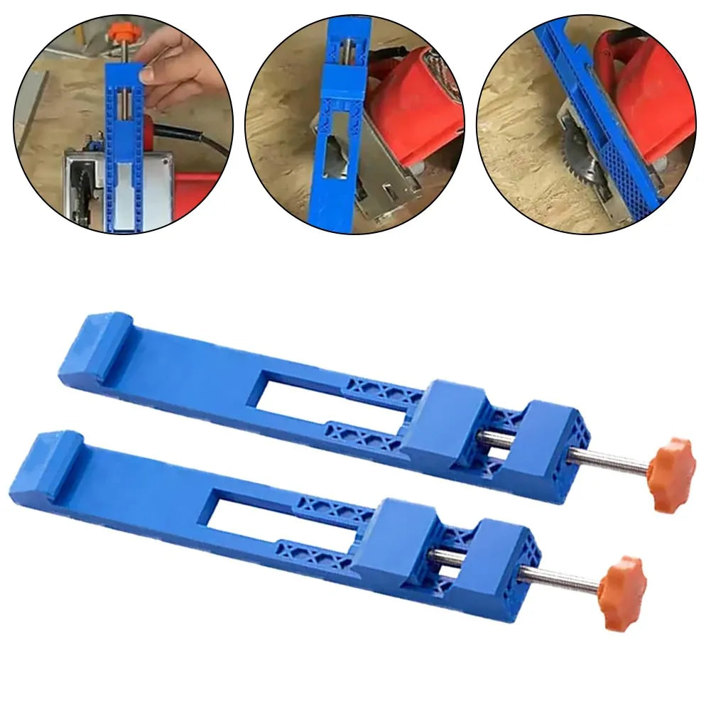 Two blue guide rails with orange knobs, edge guide clamps for accurate circular saw cuts