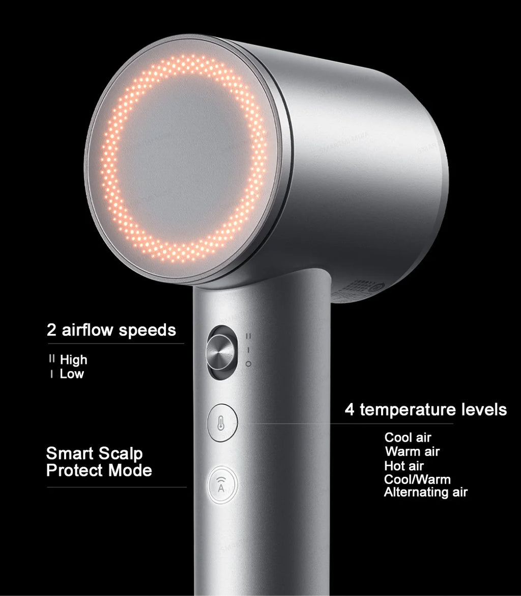 Silver MIJIA High-Speed Hair Dryer Pro with glowing ring, airflow speed controls, and smart heat settings.