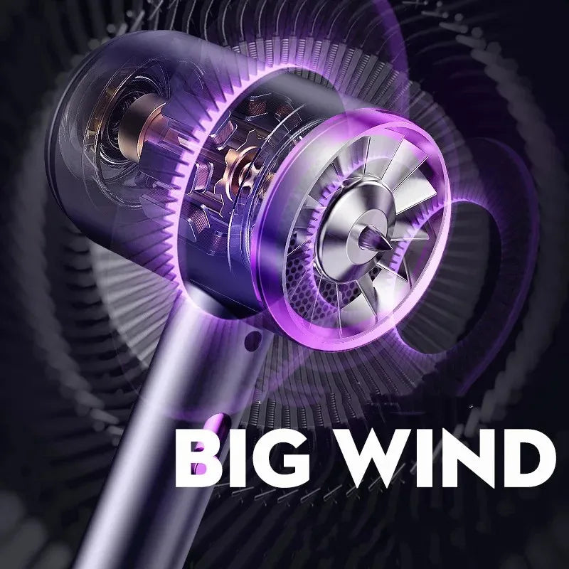 High-speed professional hair dryer in matte purple, showing internal motor and fan blades for powerful, silent airflow.