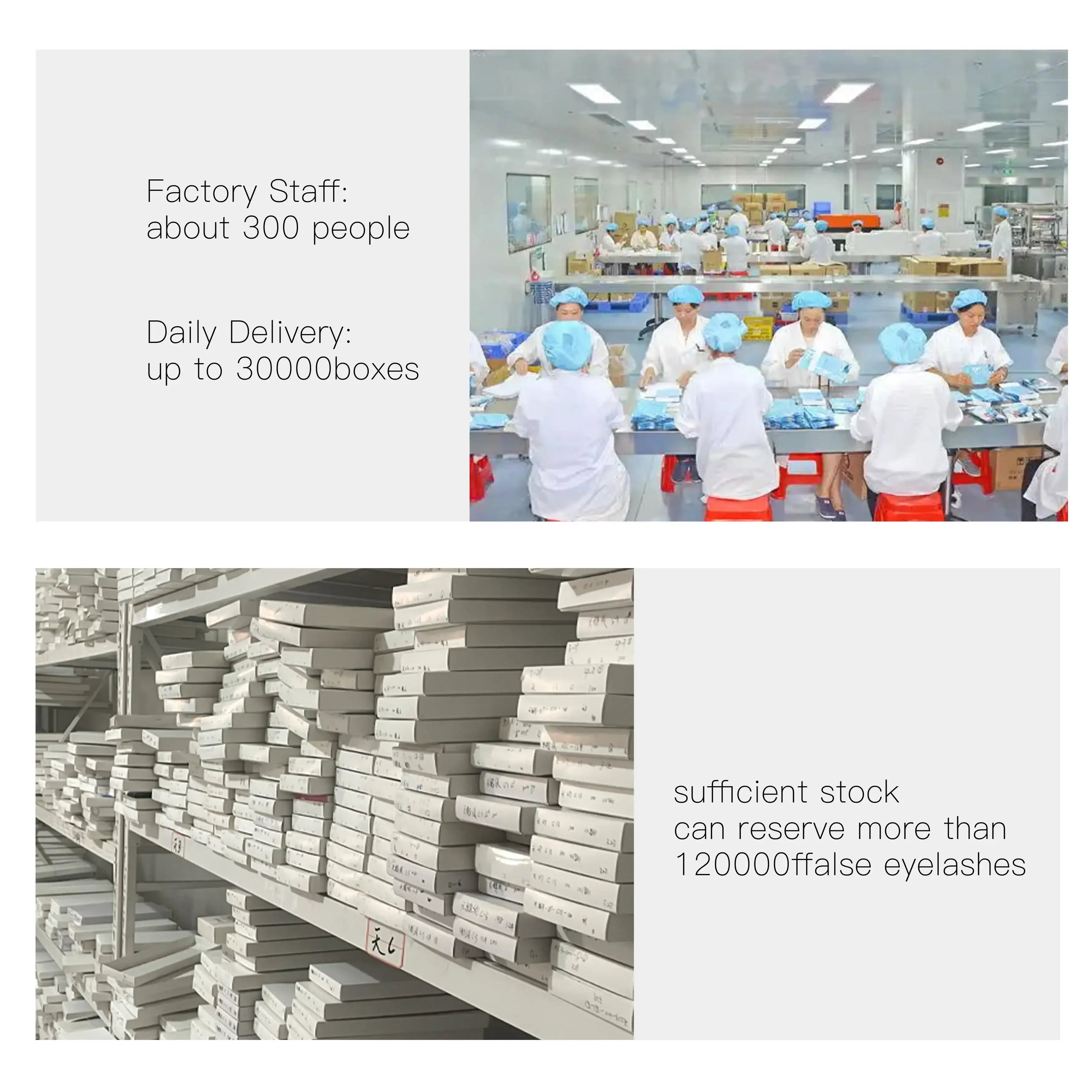 Factory workers assembling false eyelashes and stacks of white cardboard boxes stored on shelves in a warehouse.