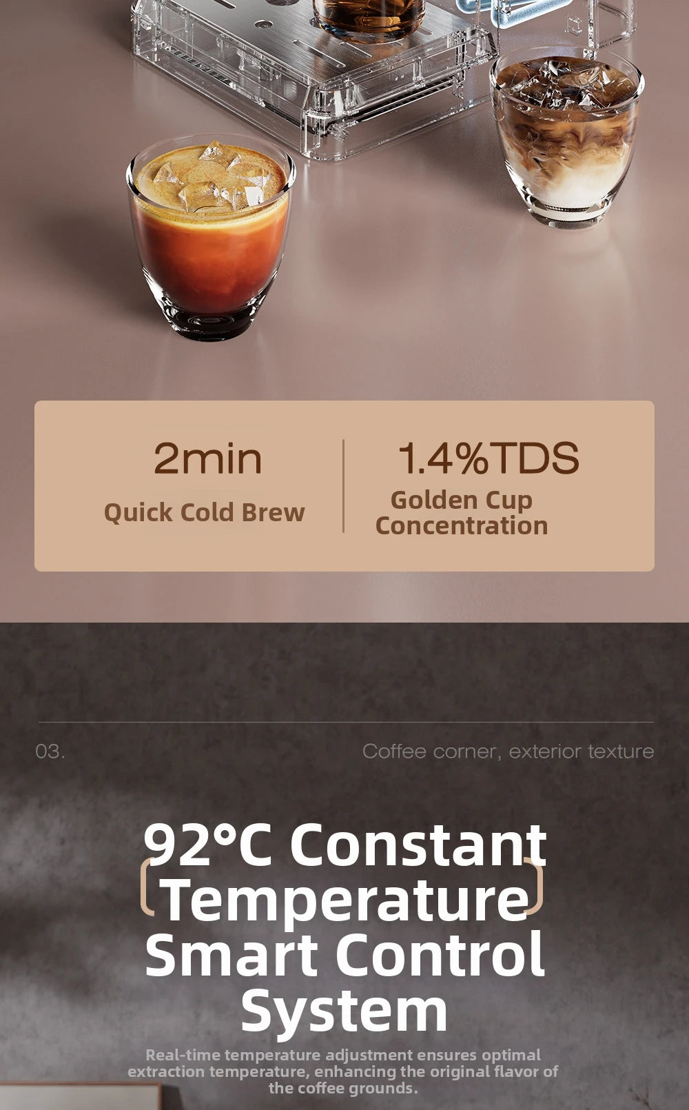 Clear acrylic coffee maker for 2-minute quick cold brew with 92°C constant temperature smart control system.