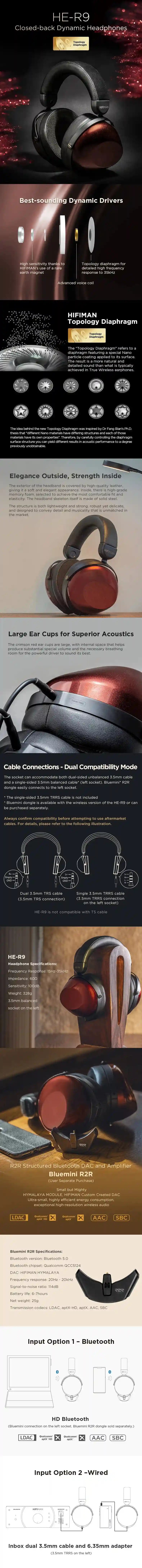 HIFIMAN HE-R9 Over-Ear Headphones with Topology Diaphragm Wired and Wireless Tidesmit