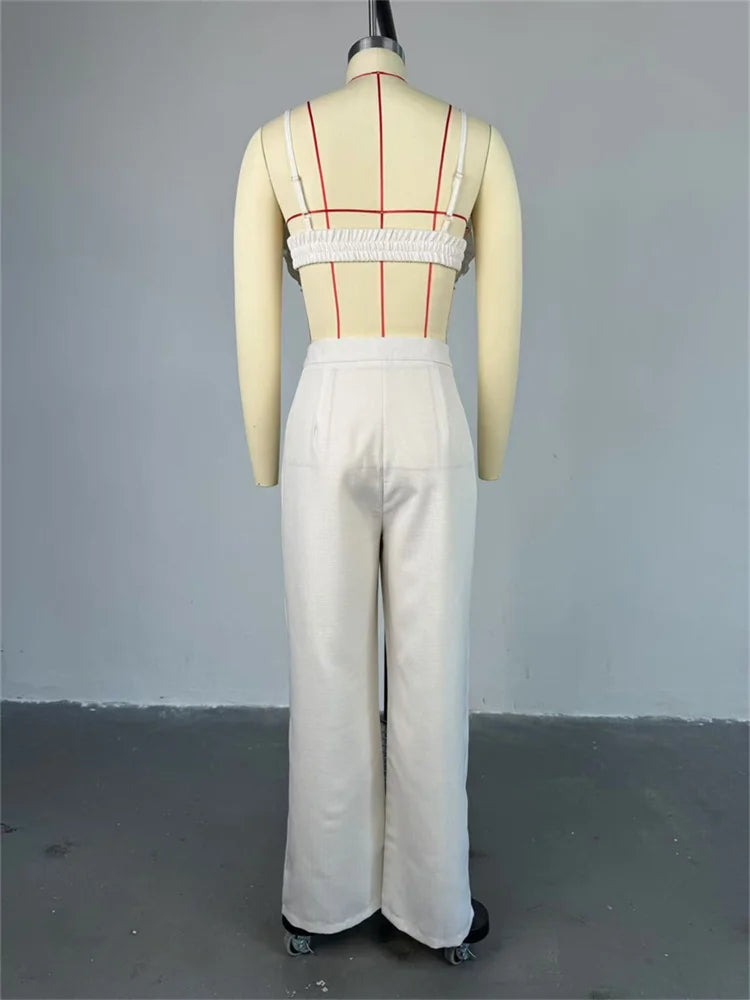 Weird Puss Vacation Beach Style 2 Piece Set Women Ruched Flower Bra Tops+Button Waist Straight Pants Fashion Sexy Trend Outfits