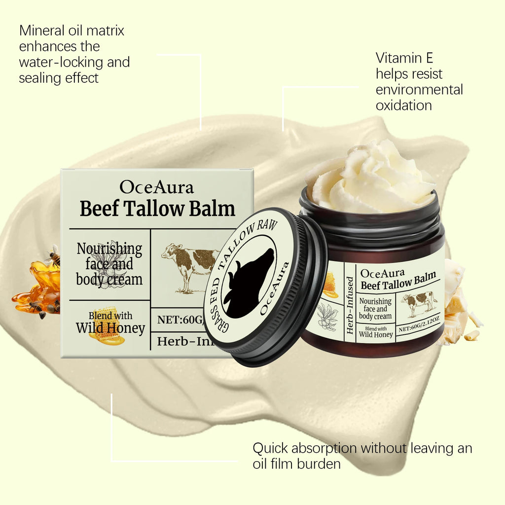 OceAura Beef Tallow Honey Balm Smooth Skin Barrier Repair Care Anti Cracking Body Moisturizer Olive Oil Nourishing Face Cream
