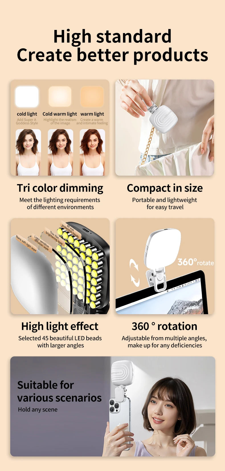 Portable LED Selfie Light - Rechargeable Video Lighting for Content Creation Tidesmit