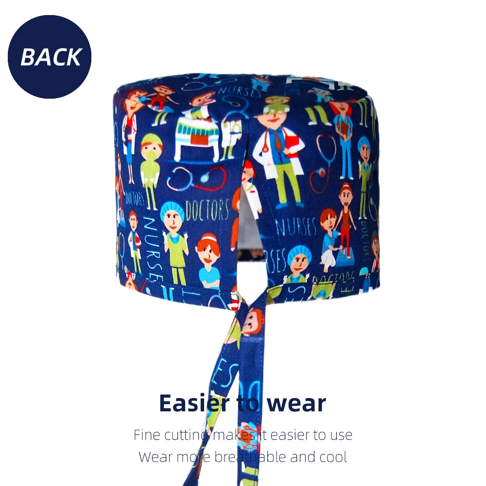 Adjustable navy medical scrub cap for nurses and vets with cartoon doctor print and comfortable sweatband.