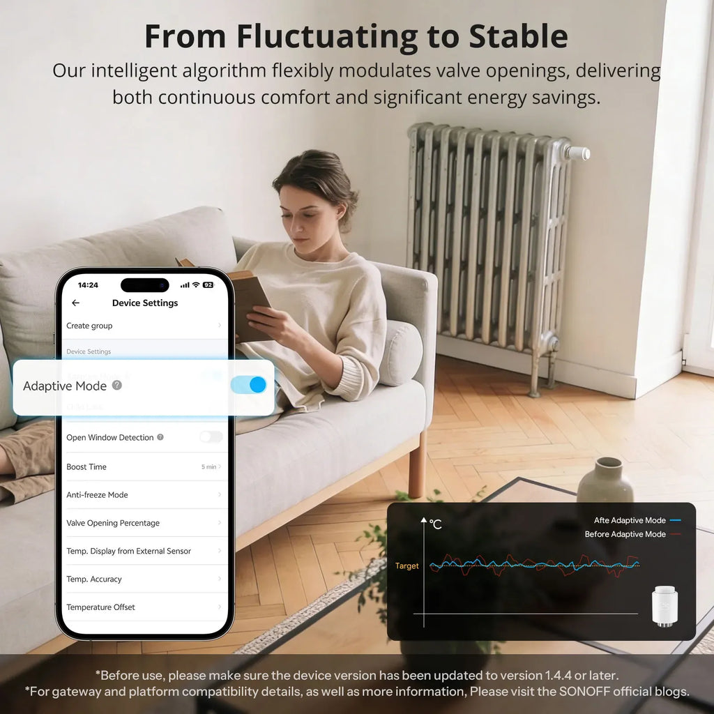 Smart radiator system with phone app settings and temperature trend chart