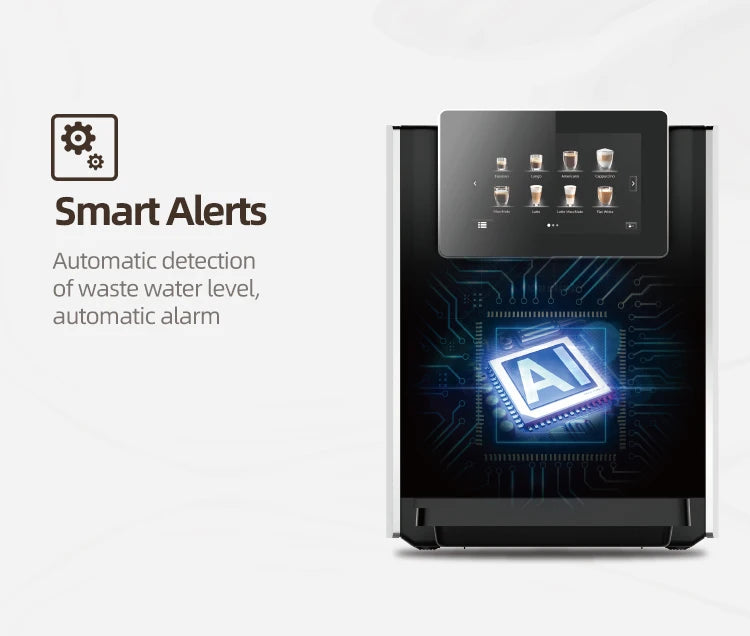 Black AI-powered commercial coffee machine with touchscreen display and smart water level alert sensors.