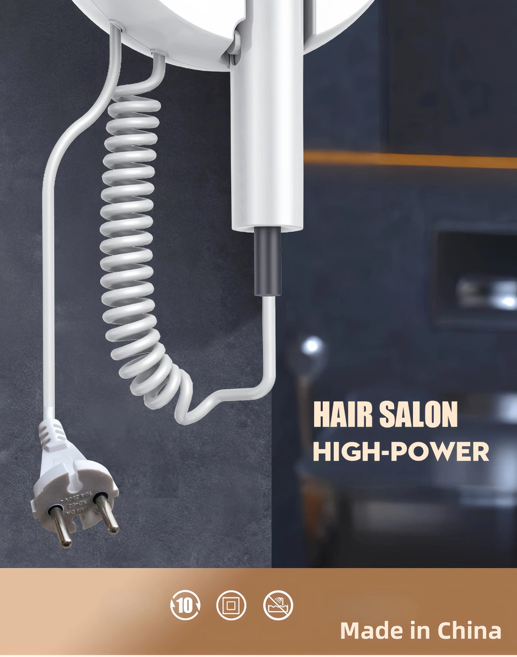 White wall-mounted 1800W hair dryer with coiled cord and European plug for hotel or home bathroom use.