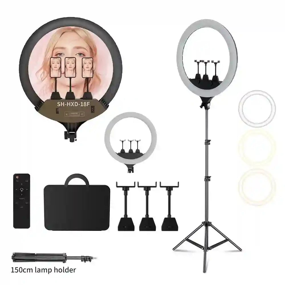 18-inch LED ring light with three phone holders, remote control, carry bag, and an adjustable 150cm tripod stand.
