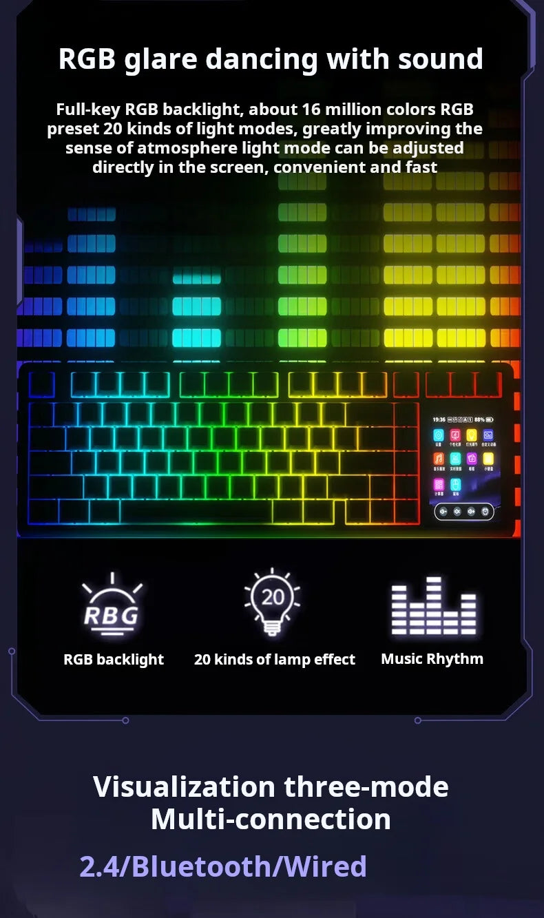 AULA L99 Mechanical Keyboard Intelligent Screen Wireless Bluetooth Gasket Structure Gaming Keyboard RGB  Lighting Night Vision