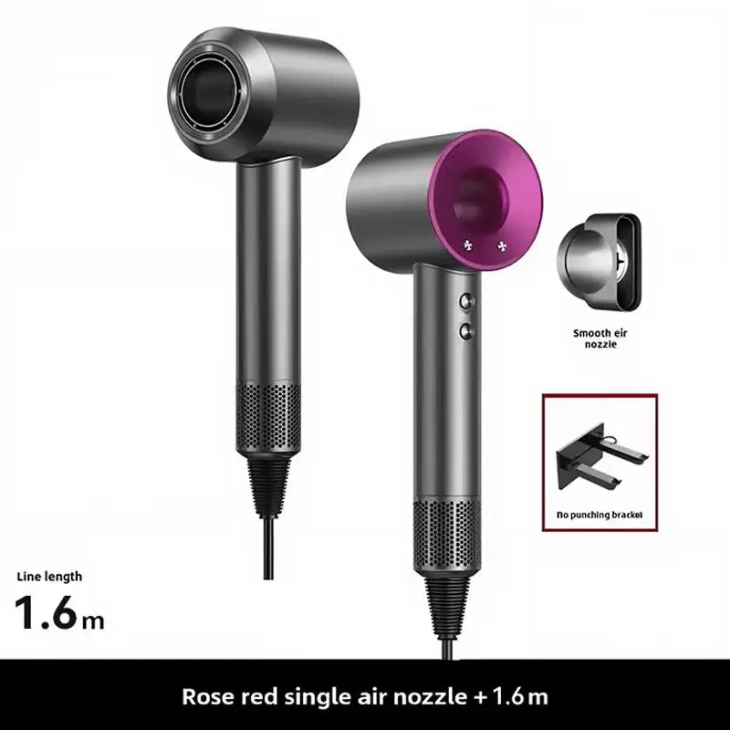 Portable rose-red negative ion hair dryer, bladeless high-speed design with smoothing nozzle and wall mount bracket.