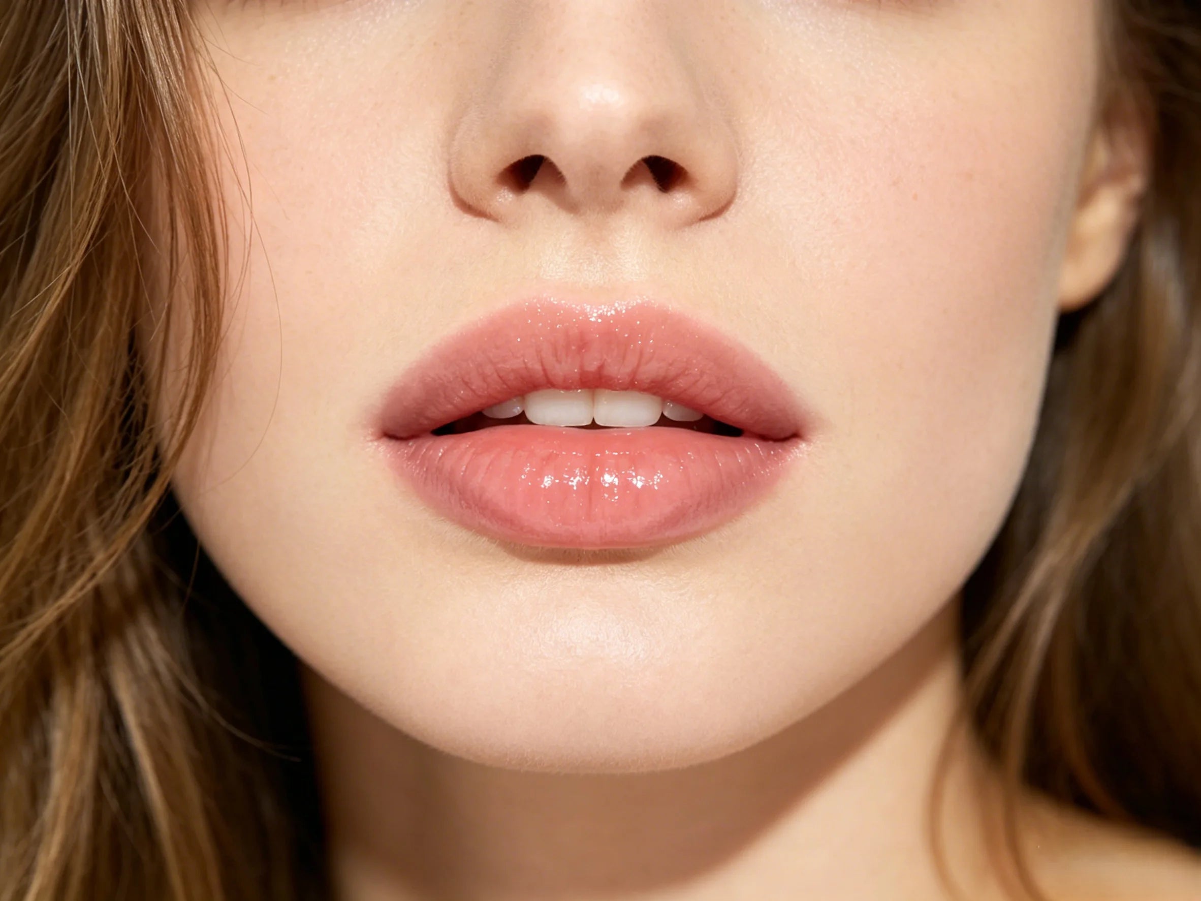 Close-up of lips wearing a high-shine, nude-pink moisturizing lip gloss with a hydrated, plump, glossy finish.