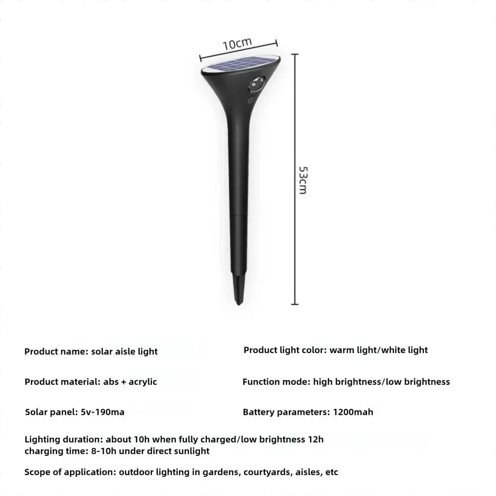 Black LED solar garden light with a flared top and stake base, labeled with 10cm width and 53cm height dimensions.