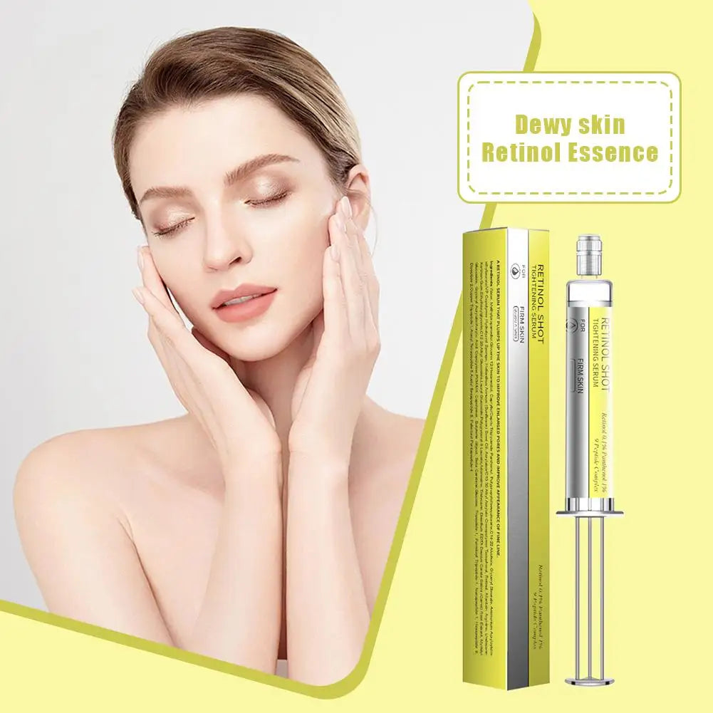A woman with radiant skin next to a yellow Retinol Shot tightening serum box and a syringe-style bottle.