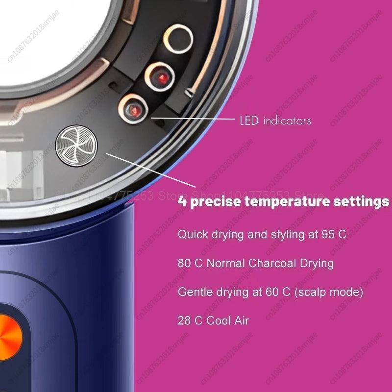 Blue leafless hair dryer with LED indicators and 4 temperature settings for professional ionic hair styling and drying.