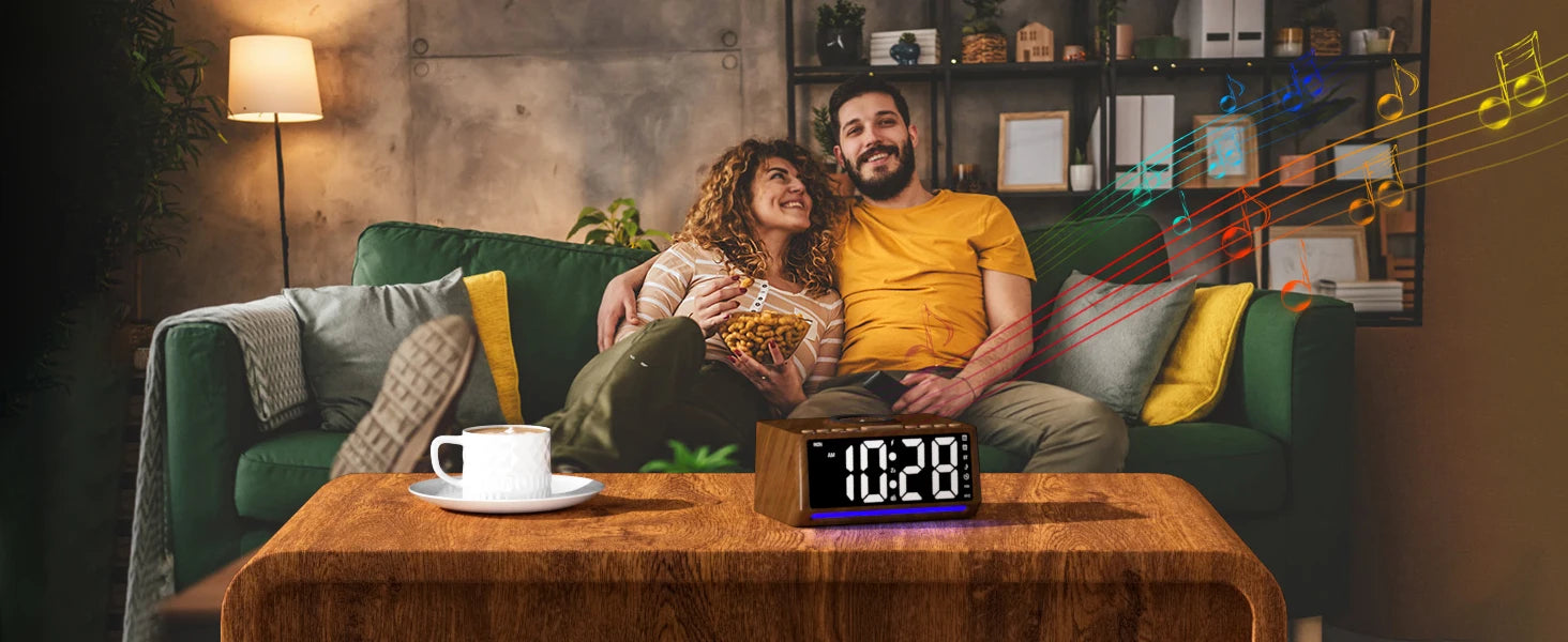 Wooden Digital Alarm Clock with Wireless Charger & Bluetooth Speaker Tidesmit