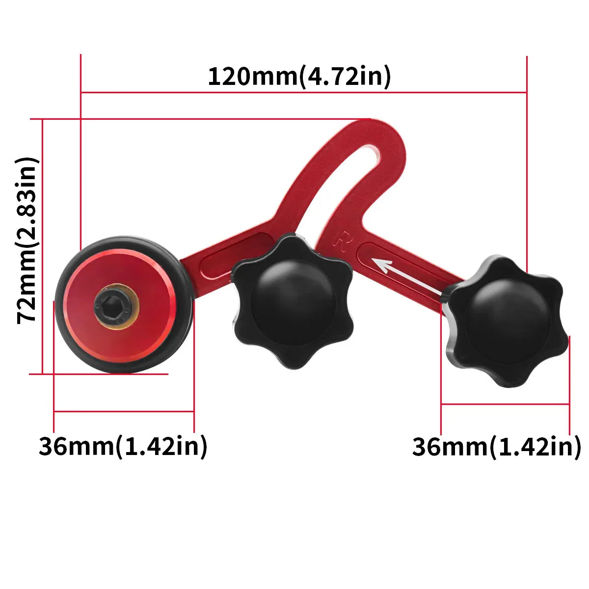 Red bearing roller stock guide with black knobs; dimension diagram shows 120mm and 72mm