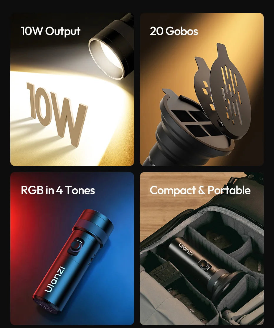 Black cylindrical LED flashlight for photography with 20 interchangeable gobos, RGB color modes, and 10W output.