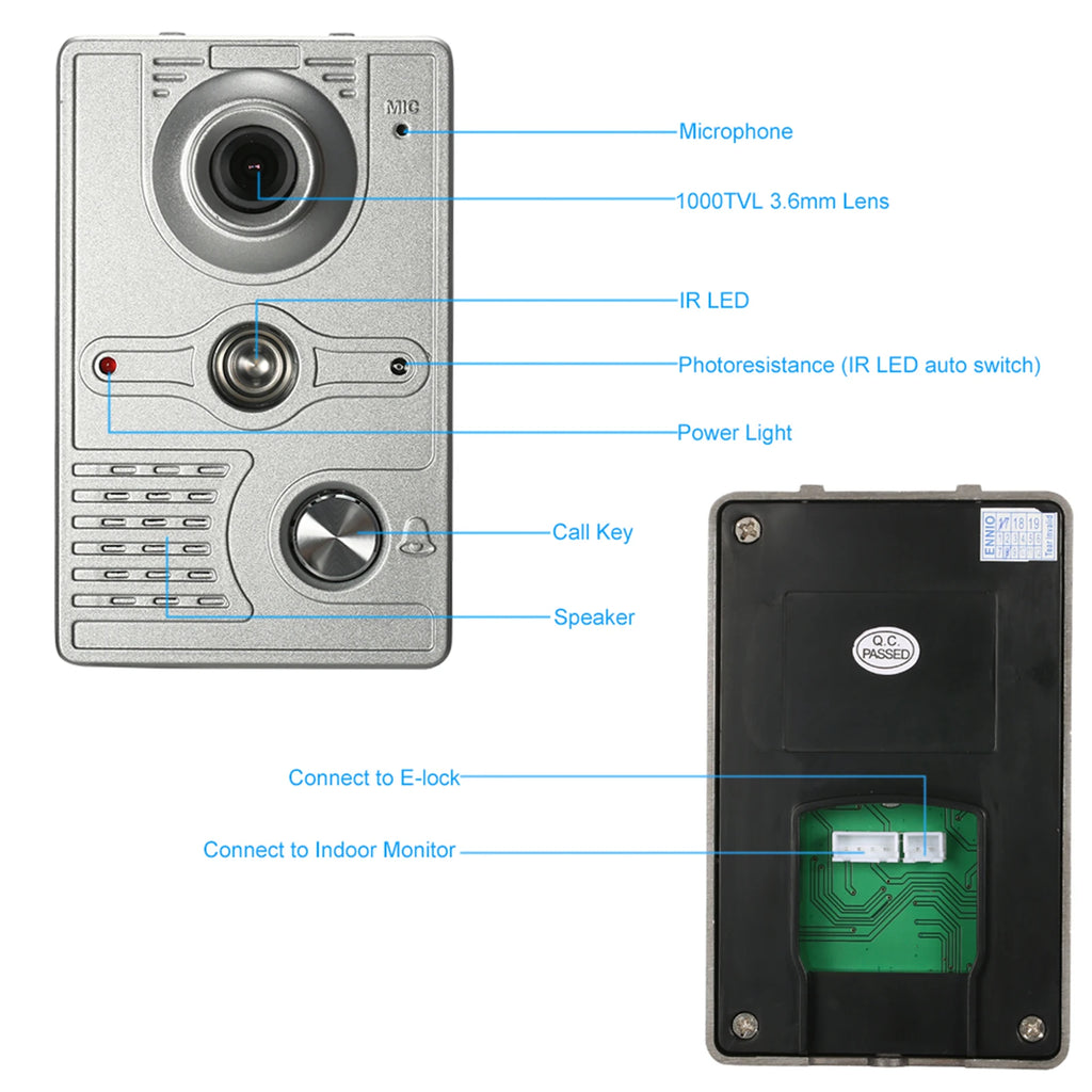IR-CUT Outdoor Camera 7 inch Wired Video Doorbell Indoor Monitor Visual Intercom Two-way Audio Remote Unlock Video Door Phone