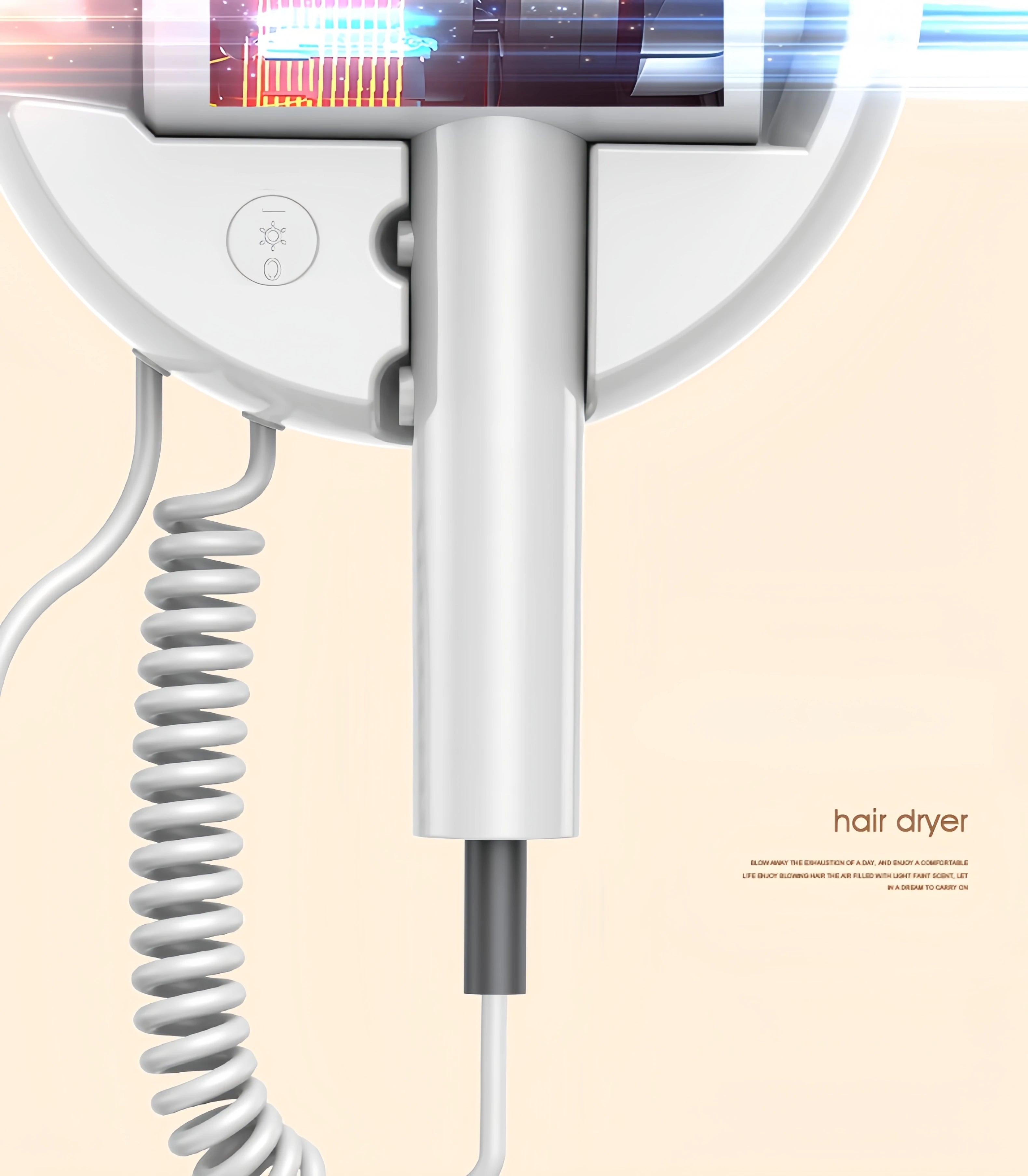 White wall-mounted 1800W hair dryer with coiled cord, blue light technology, and 3-speed adjustment for home or hotel.