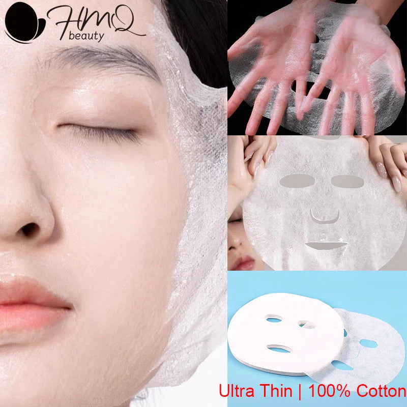 Ultra-thin, white 100% cotton disposable facial mask sheets with cutouts for eyes, nose, and mouth.