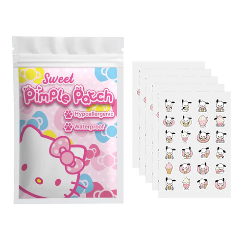 Hydrogel acne patch pouch with pink Hello Kitty style cartoon and waterproof hypoallergenic icons