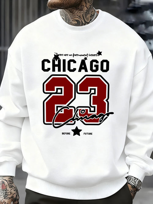 White fleece crewneck sweatshirt with a large red 23, Chicago text, and star graphics in black and red streetwear style.