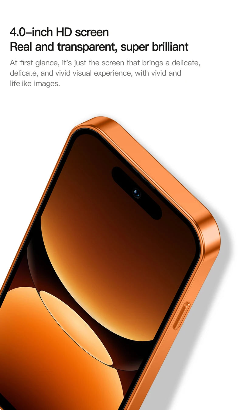 ONEMYTH A18 Pro orange mini smartphone, 4.0-inch HD screen, close-up angle showing sleek design and front camera.