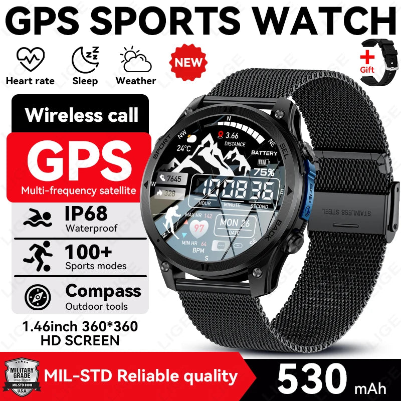 LIGE 2026 New GPS Path Smart Watch 530mAh Battery IP68 Waterproof Sports Run Tracker BT Call Outdoor Compass Military Smartwatch