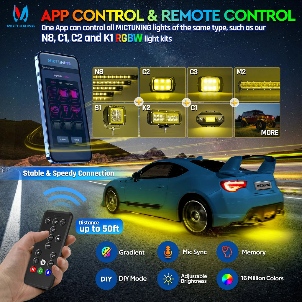 Smartphone app and remote control for RGBW automotive LED light kits, featuring multiple models and light modes.