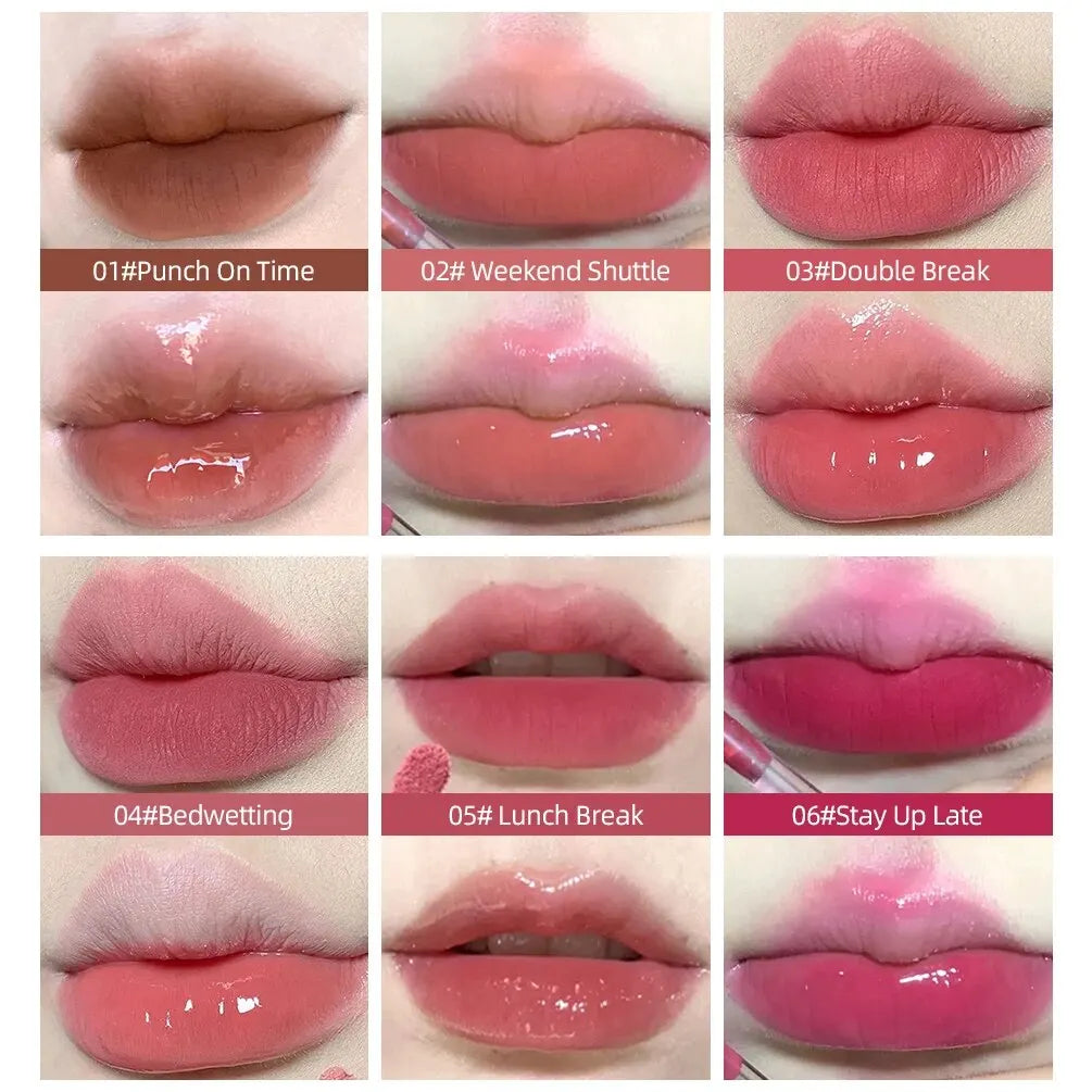 CACE double-head lip glaze swatches: matte lip mud and high-shine water gloss in diverse red and pink shades.
