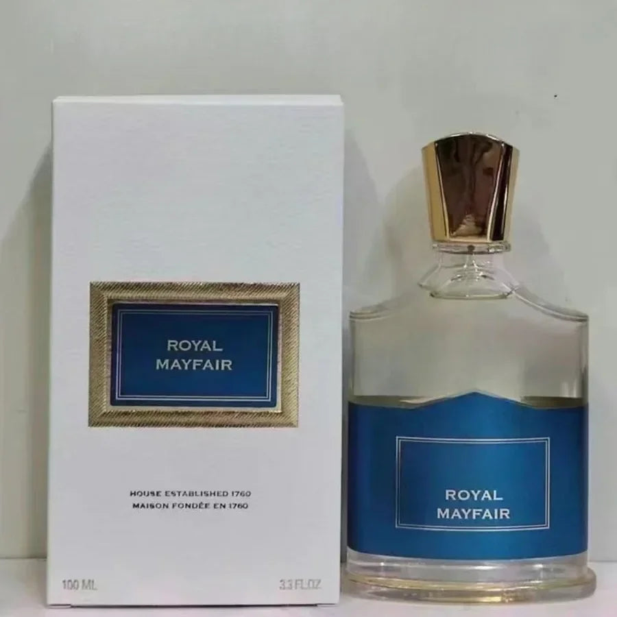 Royal Mayfair 100ml Parfum: Elegant glass bottle with gold cap, premium long-lasting fragrance for men.