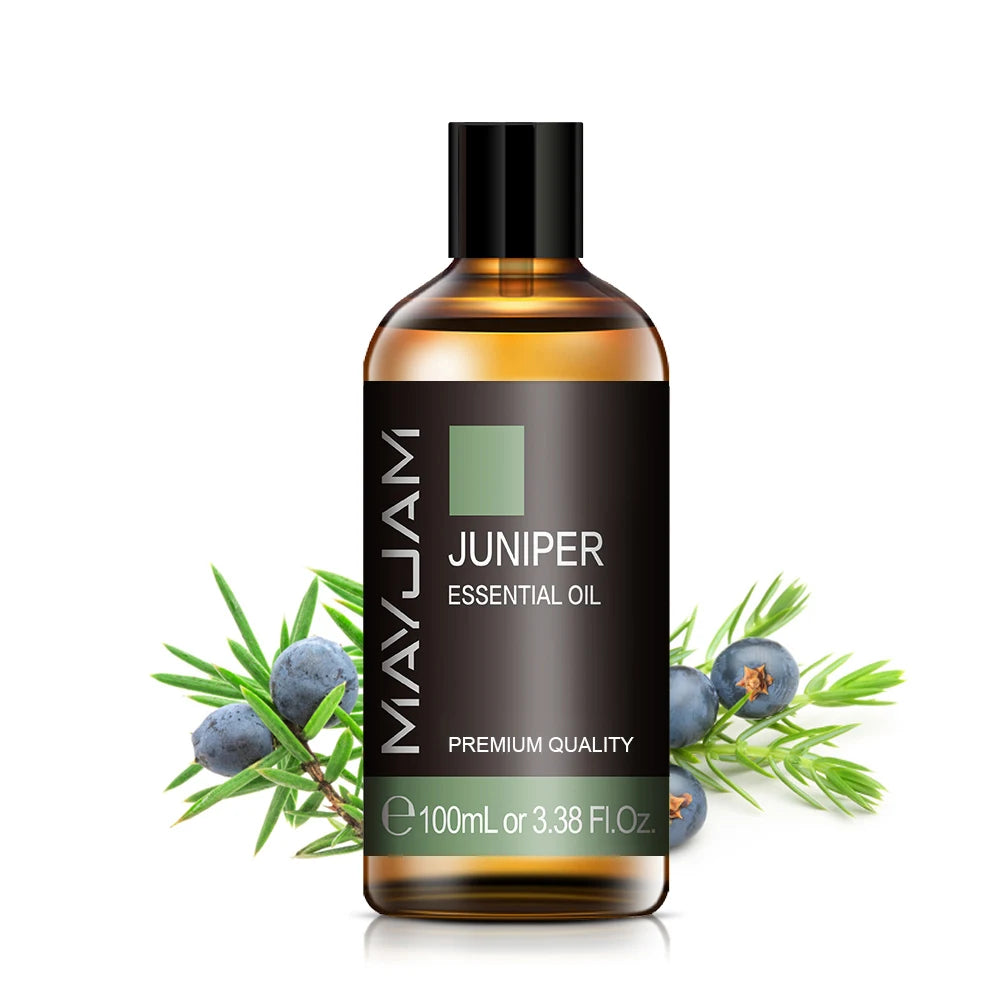 100ml juniper essential oil bottle with black cap and amber label for diffusers.