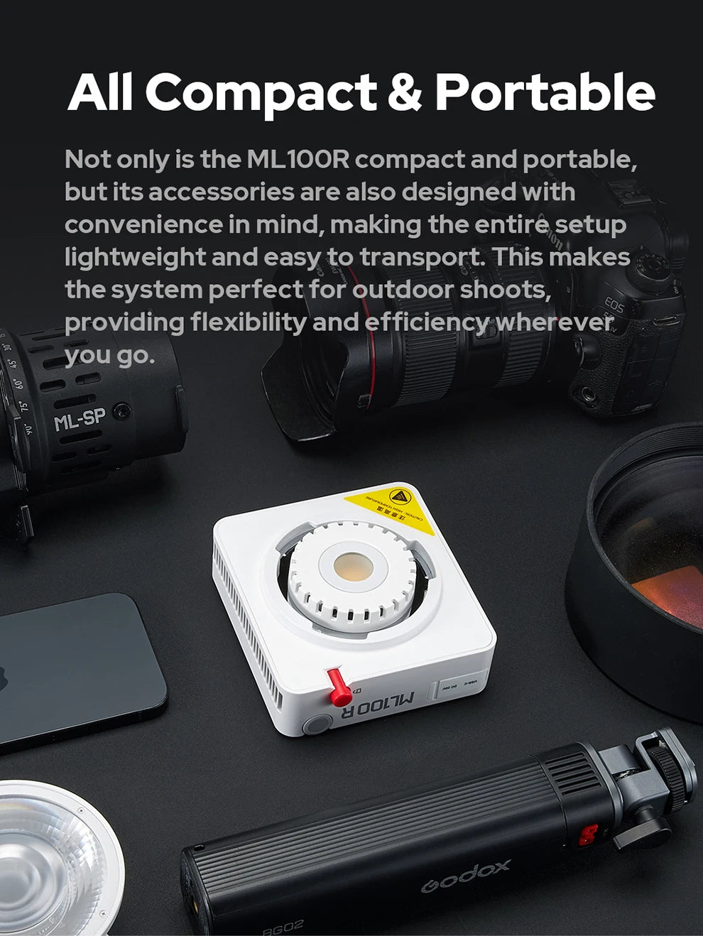 Square white ML100R LED light for portable photography, surrounded by camera gear and accessories on a dark surface.