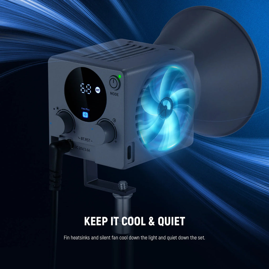 Grey square LED video light with a side cooling fan, digital display, control knobs, and a attached reflector dish.