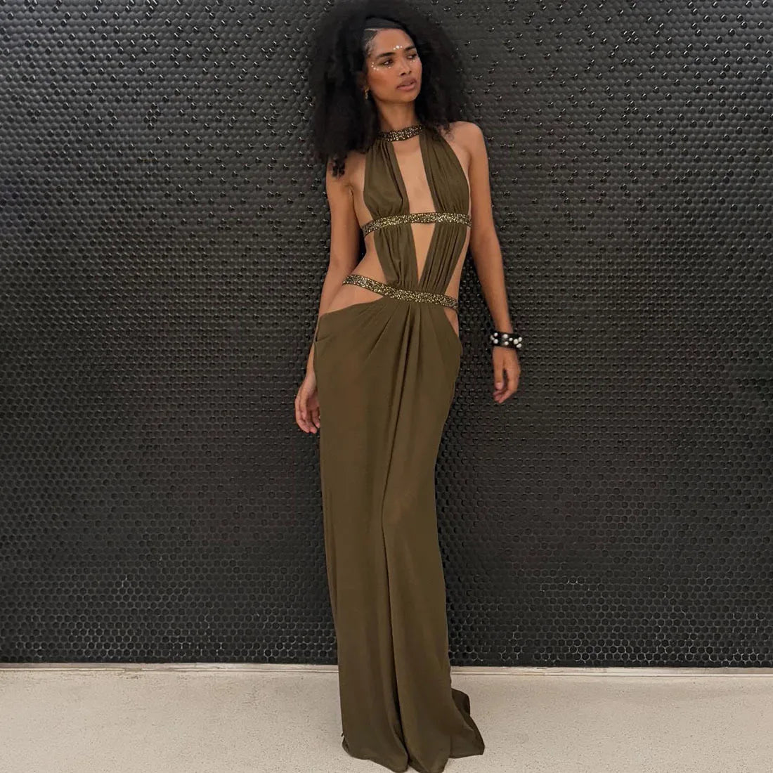 Sexy Women's Maxi Dress Halter Hollow Out Backless Sleeveless Ruched Evening Long Dresses Party Chic Robe Green Purple Summer