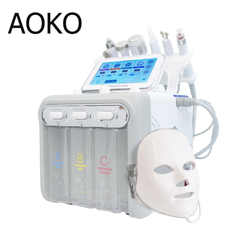 AOKO 7-in-1 hydro dermabrasion facial machine with LED light therapy mask, touchscreen, and water solution bottles.